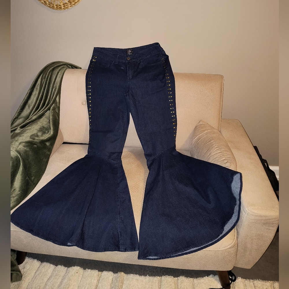 Flared Denim Jeans with Studded Details Inseem 32" Flare 22 Across Laying Flat.